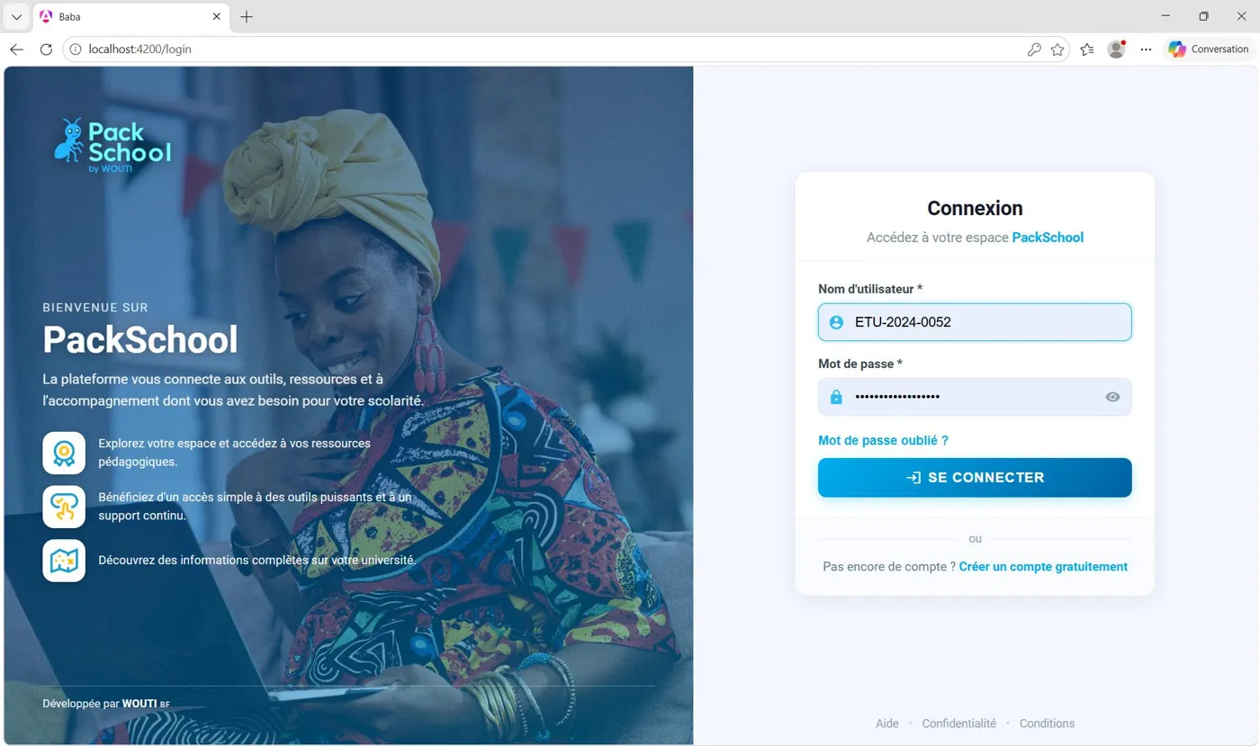 Page de connexion de PackSchool
